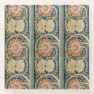 Dessous-de-verre En Verre William Morris Fleurs Roses Soie Broderie Antique