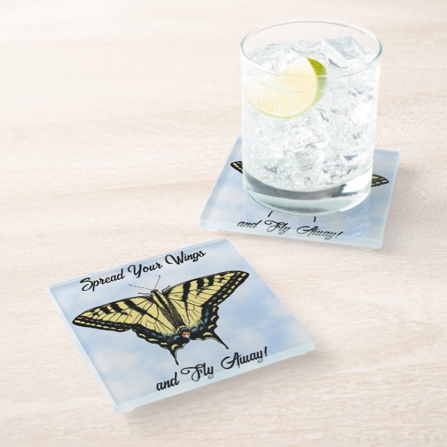 Dessous-de-verre En Verre Yellow Swallowtail Butterfly Blue Sky Personalized (Incliné)