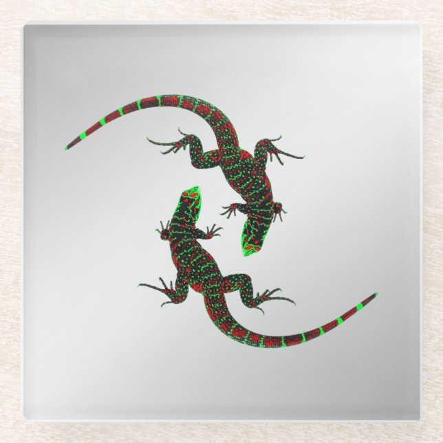 Dessous-de-verre En Verre Yin Yang Lizards Argent (Devant)
