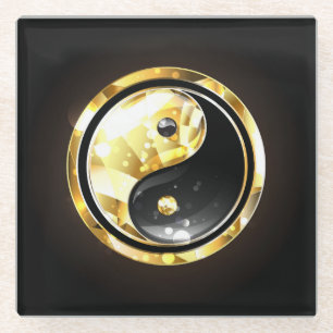 Dessous-de-verre En Verre Yin Yang or en or sur fond noir