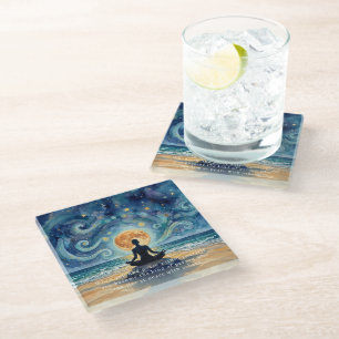 Dessous-de-verre En Verre Yoga Méditation Ciel Nocturne Étoilé Lune Plage Oc