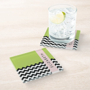 Dessous-de-verre En Verre Zigzag noir et blanc, Chevron, Vert, Votre nom