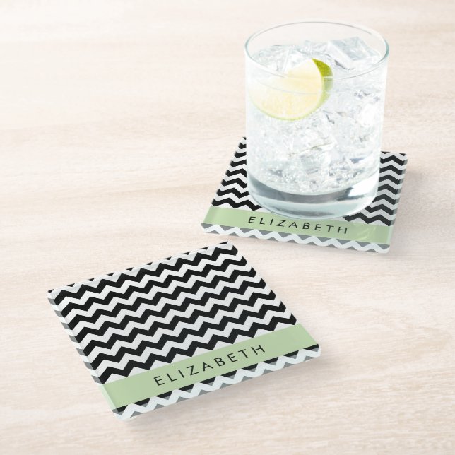 Dessous-de-verre En Verre Zigzag noir et blanc, Motif Chevron, Votre nom (Incliné)