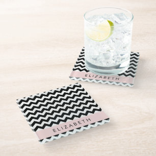 Dessous-de-verre En Verre Zigzag noir et blanc, Motif Chevron, Votre nom