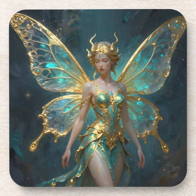 Dessous-de-verre Enchanted Fairy in Gold and Turquoise  (Devant)