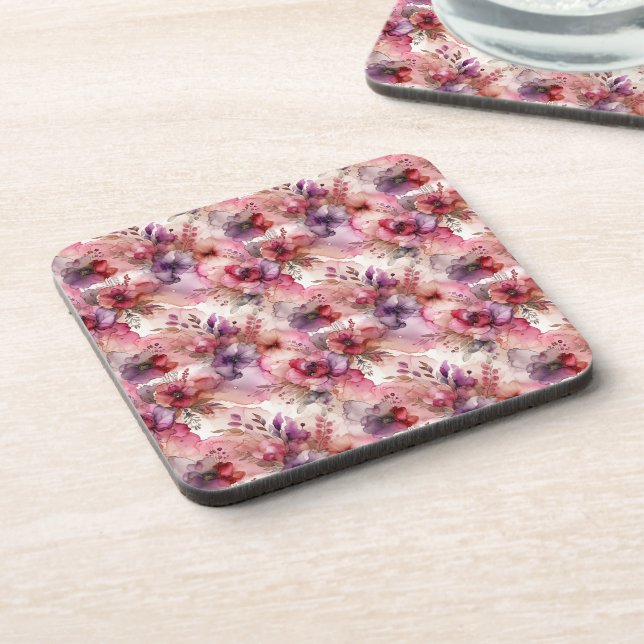 Dessous-de-verre Encre d'alcool rose et violet à fleurs (Côté gauche)