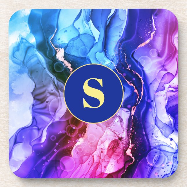 Dessous-de-verre Encre Liquide Bleue, Violette Et Rouge, Monogramme (Devant)