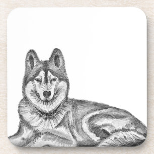 Dessous-de-verre Encre noire et blanche et aquarelle Husky sibérien