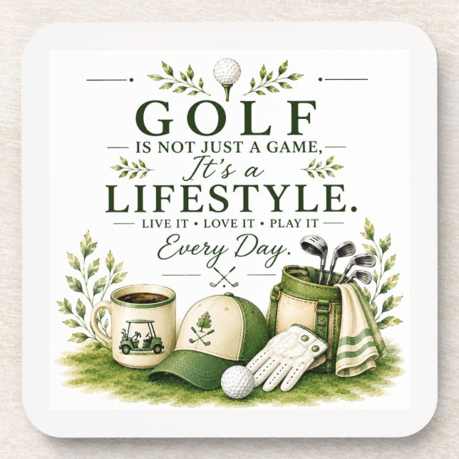 Dessous-de-verre Équipement de golf avec texte sur fond vert (Devant)