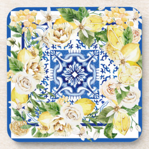 Dessous-de-verre Été Méditerrannée citron et fleurs imprimés