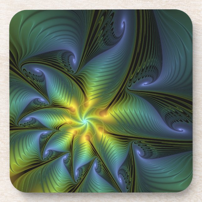 Dessous-de-verre Etoile Abstraite, Bleu brillant Vert Or Fractal Ar (Devant)