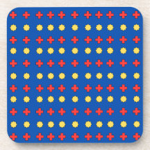 Étoiles jaunes et croix rouges sur fond bleu foncé