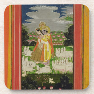 Dessous-de-verre Étreinte de Radha et de Krishna dans un landscap