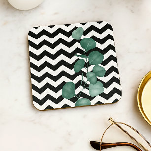 Dessous-de-verre Eucalyptus à l'aquarelle Chevron noir et blanc