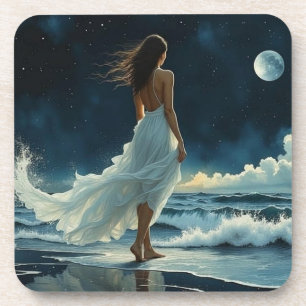 Dessous-de-verre Évasion au bord de la mer sous la Lune   Art côtie