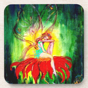 Dessous-de-verre FAIRY DREAMING SUR LA FLEURS ROUGE vert jaune