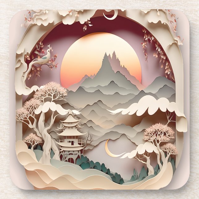 Dessous-de-verre Fantasy Landscape Paper Cut Hard Plastic Coaster (Devant)