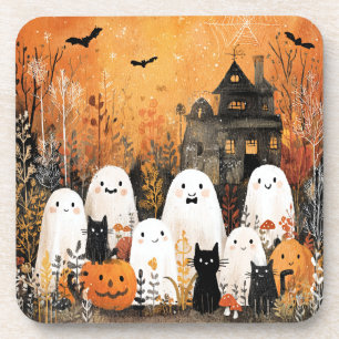 Dessous-de-verre fantômes d'Halloween, chats noirs et chauves-souri