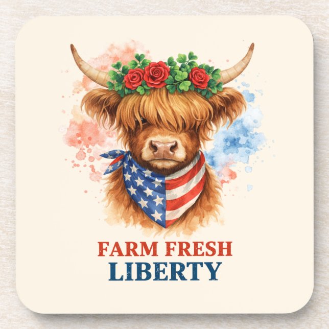 Dessous-de-verre Farm Fresh Liberty Highland Cow Patriotic USA Art (Devant)