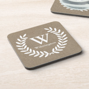 Dessous-de-verre Farmhouse Laurels Faux Burlap Nom de famille