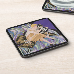 Dessous-de-verre Femme Art Déco Vintage avec Chat par S. Chompre