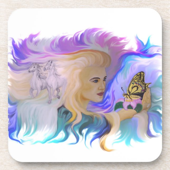 Dessous-de-verre Femme avec cheval et papillon (Devant)