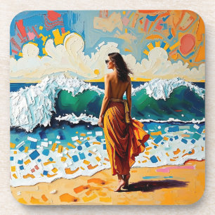 Dessous-de-verre Femme sur la plage Art de bord de mer abstrait Per