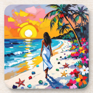 Dessous-de-verre Femme sur la scène de plage tropicale