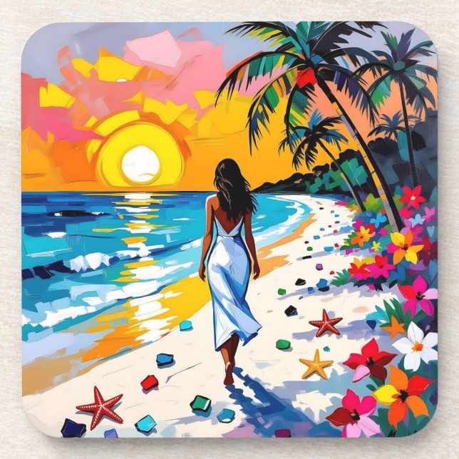 Dessous-de-verre Femme sur la scène de plage tropicale (Devant)