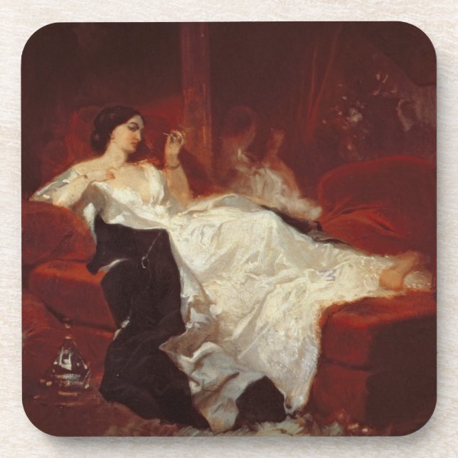 Dessous-de-verre Femme sur un sofa rouge (Devant)