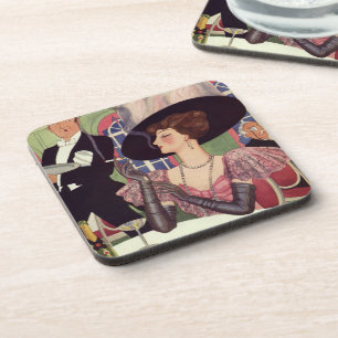 Dessous-de-verre Femme vintage buvant du champagne en fumant une ci