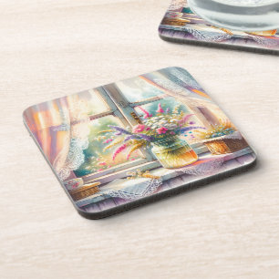 Dessous-de-verre Fenêtre de cottage ensoleillée avec fleurs sauvage