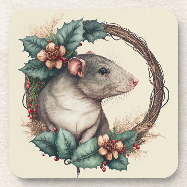 Dessous-de-verre Festif doux Animaux de compagnie Rat Vacances/Noël (Devant)