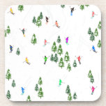 Dessous-de-verre Fête d'Illustration de ski alpin Freeride<br><div class="desc">skieur d'hiver cool design motif avec skieurs skieurs sur les pistes de la station de ski alpin parmi des sapins enneigés dans les alpes. Les skieurs freeride portent des combinaisons de ski rétro vintages et colorées, descendent en ski avec des skis sur un arrière - plan de paysage de montagne...</div>