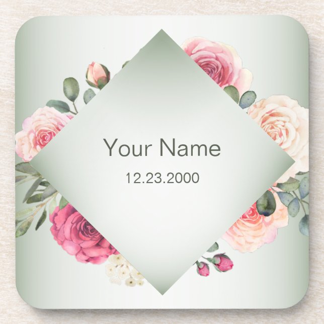 Dessous-de-verre Fête géométrique rustique florale rose verte (Devant)
