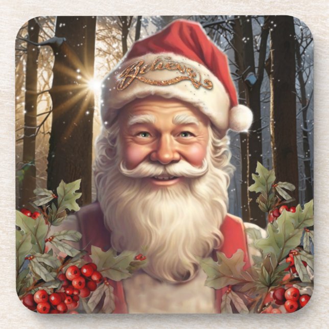 Dessous-de-verre Fêtes de Noël Santa Claus forêt enneigée (Devant)