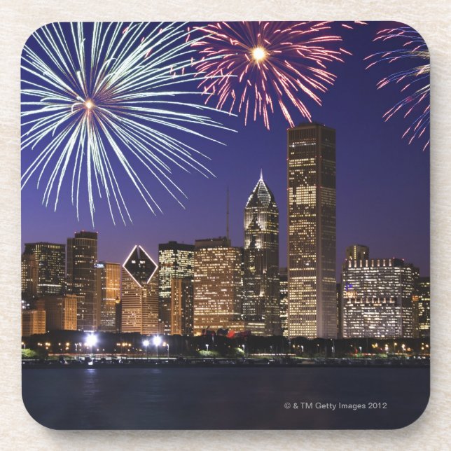 Dessous-de-verre Feux d'artifice au-dessus d'horizon de Chicago (Devant)