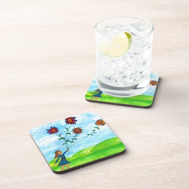 Dessous-de-verre Fille Avec Fleurs Carré Beverage Coaster (Côté Droit)