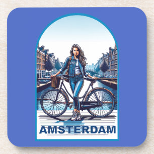 Dessous-de-verre Fille d'Amsterdam avec vélo sur un pont