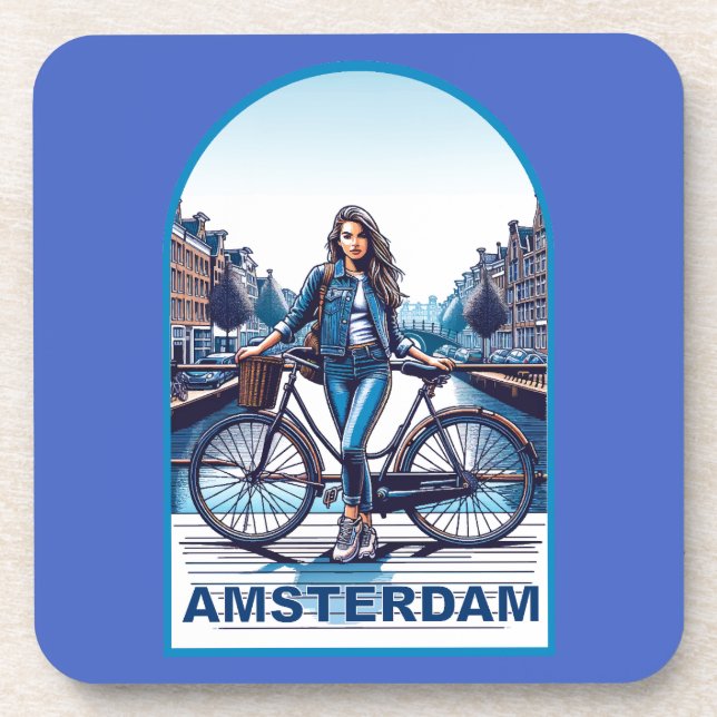 Dessous-de-verre Fille d'Amsterdam avec vélo sur un pont (Devant)