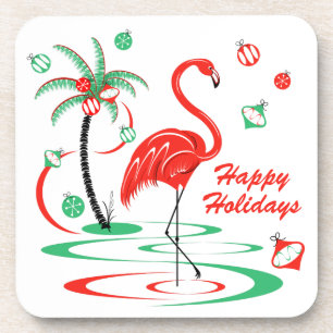 Dessous-de-verre Flamant rose de Noël rouge Joyeux vacances plastiq