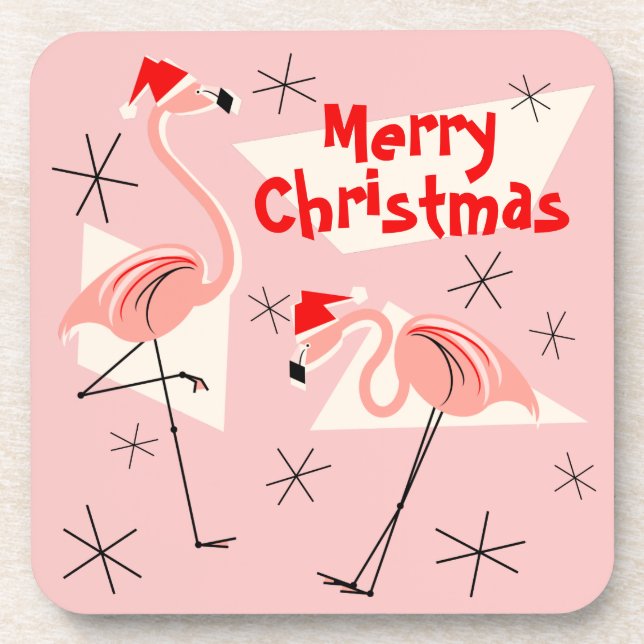 Dessous-de-verre Flamant rose Santas rose Joyeux Noël plastique (Devant)