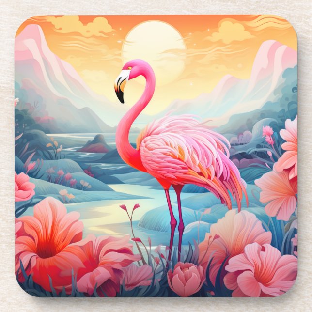 Dessous-de-verre Flamant Tropical avec Fleurs (Devant)