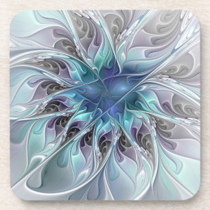 Dessous-de-verre Fleur Abstraite Fractale Moderne Avec Bleu
