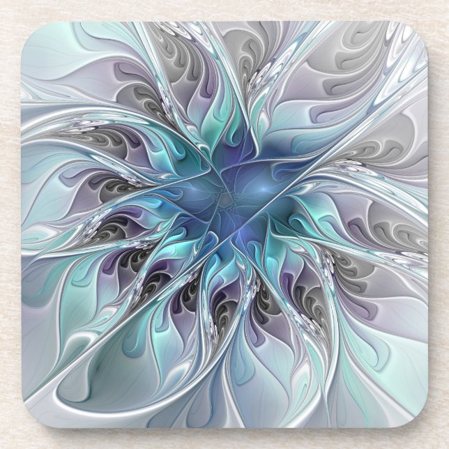 Dessous-de-verre Fleur Abstraite Fractale Moderne Avec Bleu (Devant)