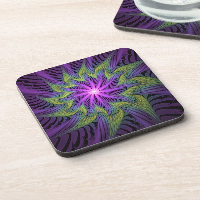 Dessous-de-verre Fleur Abstraite Moderne Fractale Art Violet Vert (Côté gauche)