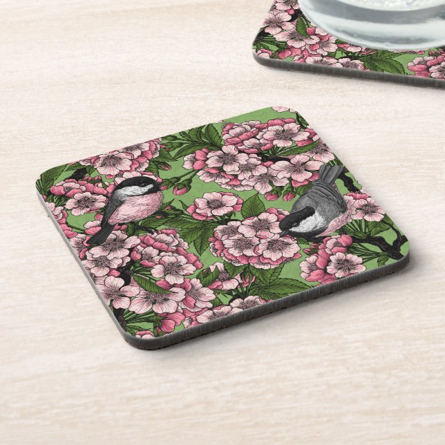 Dessous-de-verre Fleur de cerisiers et poulets verts (Côté gauche)