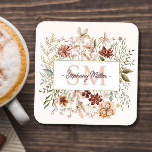 Dessous-de-verre Fleur de Floral Élégant Monogramme Aquarelle Autom