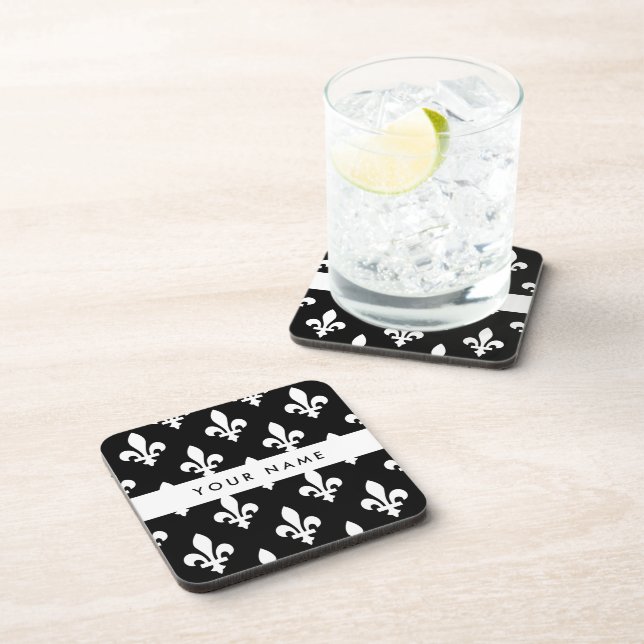 Dessous-de-verre Fleur de Lis, Blanc sur Noir, Blanc, Votre Nom (Côté Droit)