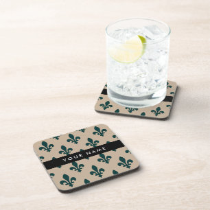 Dessous-de-verre Fleur de Lis, Vert sur Beige, Royal, Votre Nom